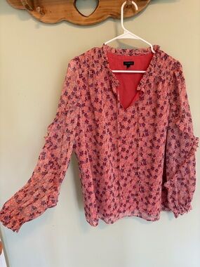 Talbots Coral Pink Floral Long-Sleeve Ruffled Blouse